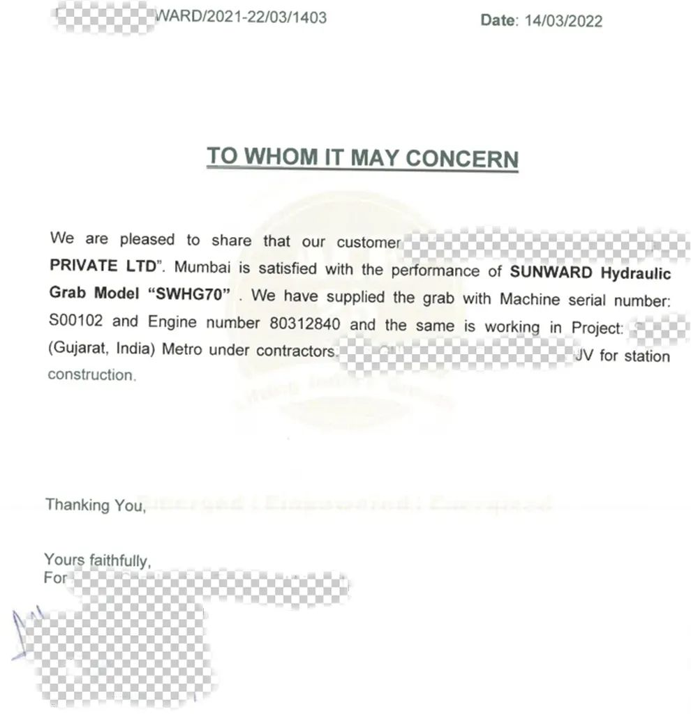 感謝信！山河智能SWHG70液壓抓斗助力海外基礎施工獲肯定